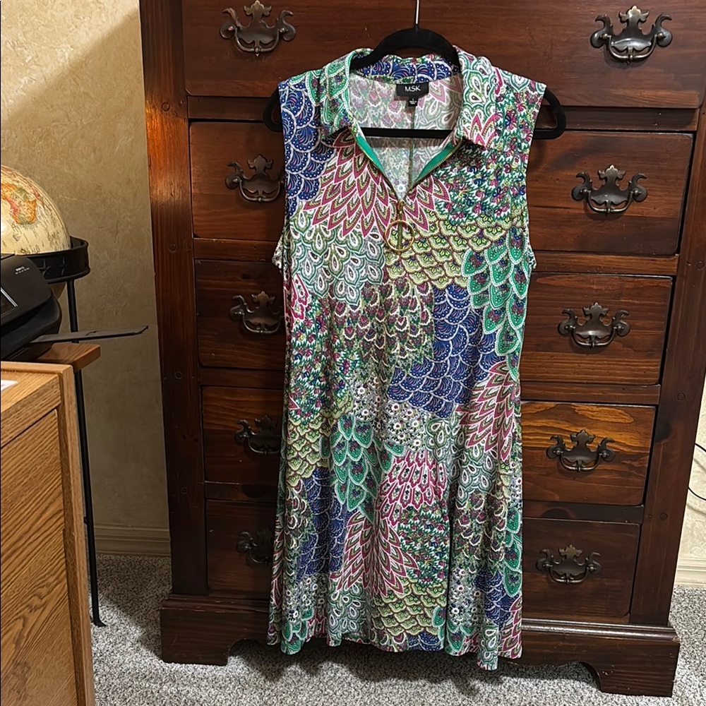 MSK Colorful Sleeveless Dress with Peacock Pattern